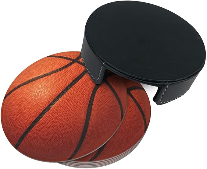 Basketball Coasters for Drinks with Holder Leather Coasters Set of 6 for Coffee Table