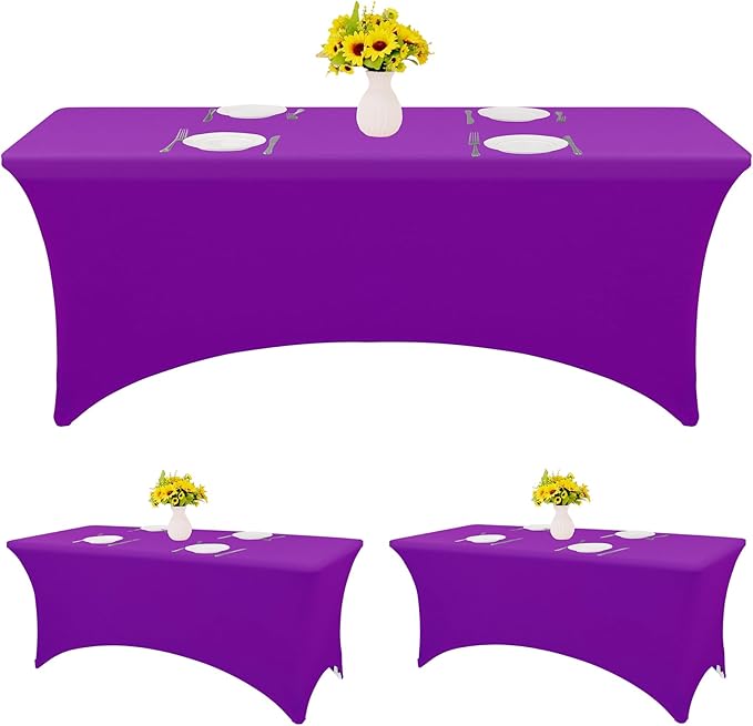HAISIWLKJ 3 Pack Table Cloth 8ft Purple Tablecloths for Rectangle Folding Table Spandex Fitted Stretch Table Cover Wrinkle Resistant Washable Table Protector for Party, Wedding, Banquet, Festival.