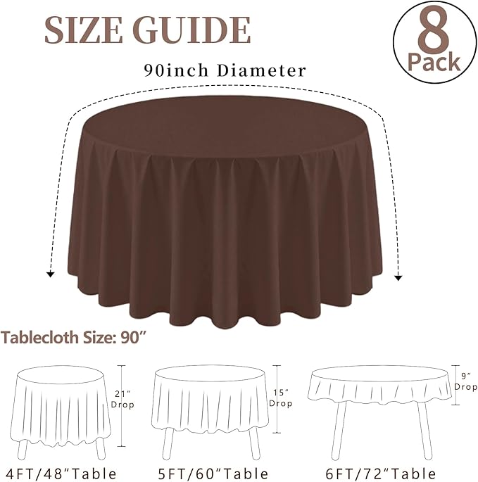 8 Pack Round Tablecloth 90 Inch Brown Tablecloth for Round Tables, Washable Polyester Table Cloth Stain and Wrinkle Resistant Decorative Table Cover for Wedding Party Dining Banquet