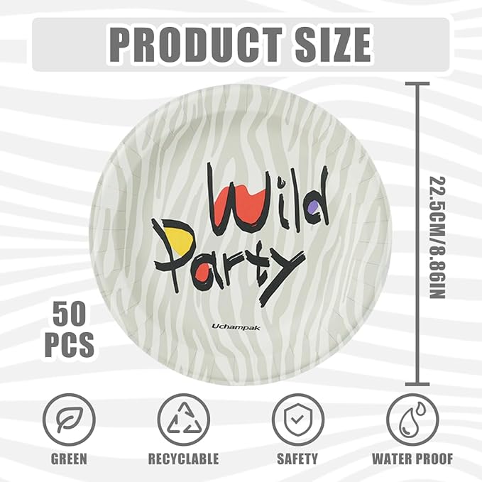 50 Pack Disposable Paper Plates, 8.86 Inch Heavy Duty Disposable Plates Party Plate Microwavable Plates Decorative Plates For Everyday Breakfast, Lunch & Dinner Meals (Zebra Stripe)