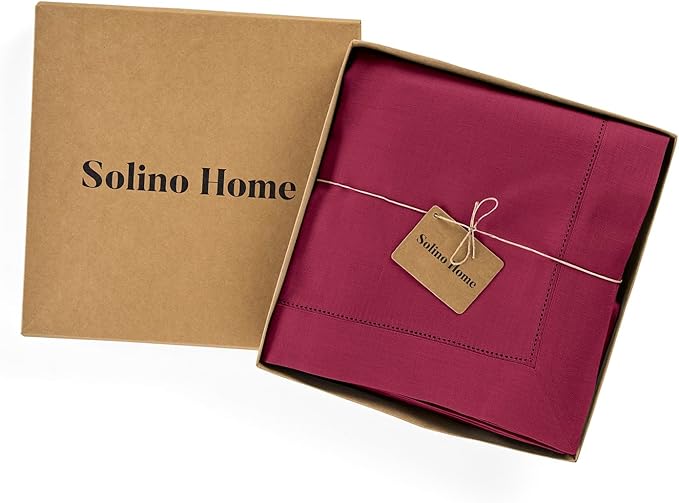 Solino Home Beet Linen Tablecloth 60 x 108 Inch - 100% Pure Linen Hemstitch Table Cloth for Rectangle Tables - Classic Hemstitch, Machine Washable Tablecloth for Valentines, Winter, Easter