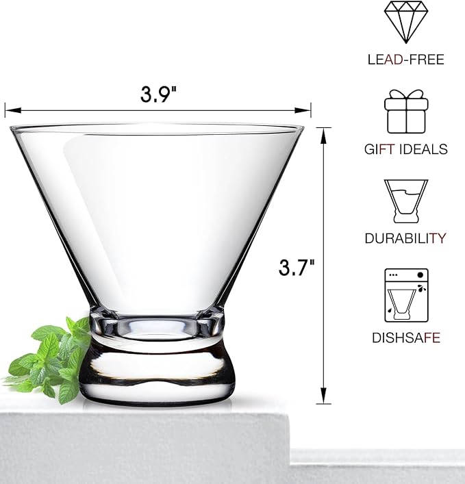 LUNA & MANTHA Martini Glasses Set of 6, Stemless Martini Cocktail Glasses for Margarita, Manhattan, Cosmopolitan, Home Bar, Evening Parties, Birthdays, Housewarming Gift, Crystal Clear 8 OZ