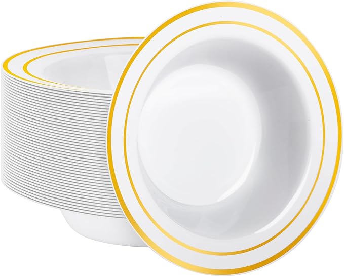 Goodluck 50 Pack Plastic Bowls with Gold Rim, 12oz Disposable Soup Bowls, Heavy Duty Dessert Bowls for Weddings, Parties, Dinners, Catering, Thanksgiving and Everyday Use