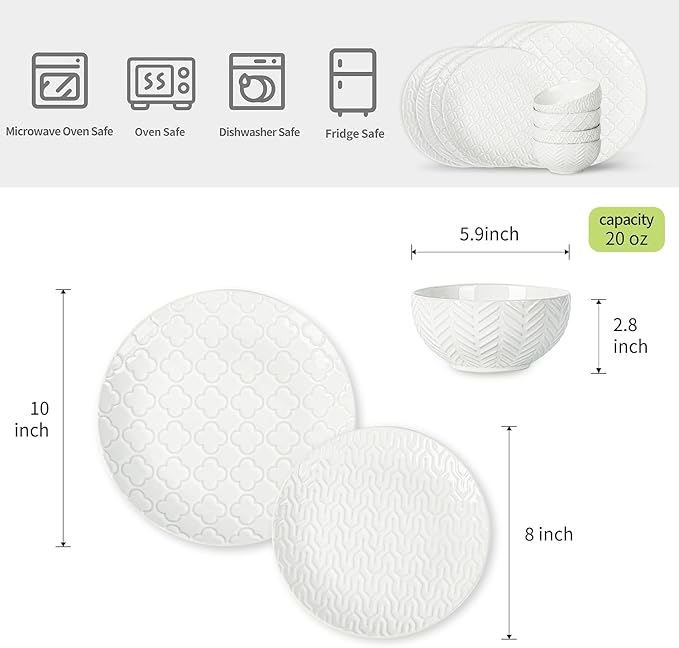 Sureasy Ceramic Dinnerware Sets for 6, 18 Pieces Stoneware Plates and Bowls Sets, Embossed Scratch Resistant Dinner Set, Dishwasher&Microwave Safe, White