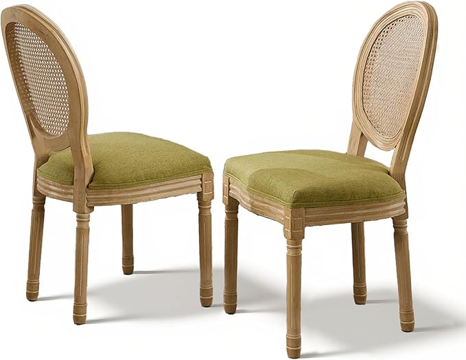 SoarFlash French Dining Chairs Set of 2, Vantage Dining Chair with Round Back, Wood Leg Farmhouse Country Rattan Dining Chair for Kitchen,Bedroom,Olive Green