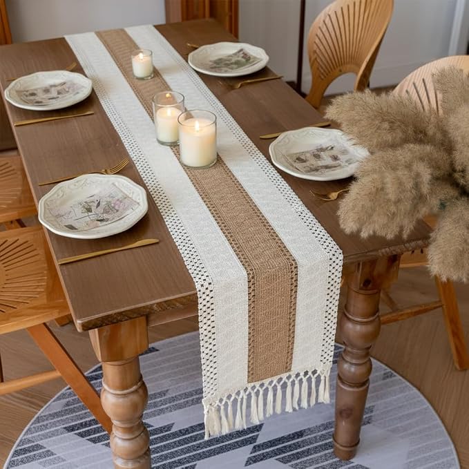 Boho Table Runner with Tassels, Farmhouse Rustic Macrame Table Runners - Image 4