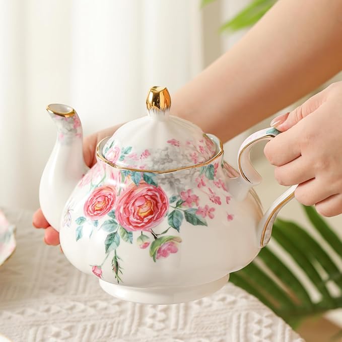 15 Piece British Bone China Tea Cup Sets, Elegant red Rose Pattern, Cups and - Image 5