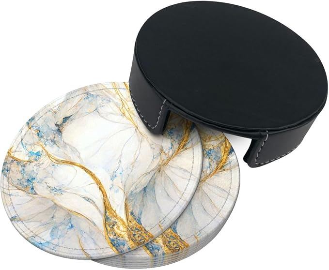 6 Pcs Abstract Luxury Blue Gold White Colors Marble Leather Coasters - Image 5