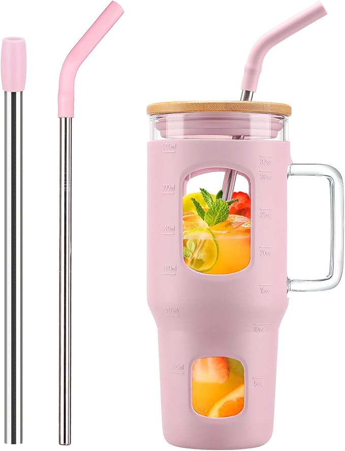 WINSA Glass Tumbler with Straw and Lid, 32 oz Glass Cup with Handle, Glass by WINSA