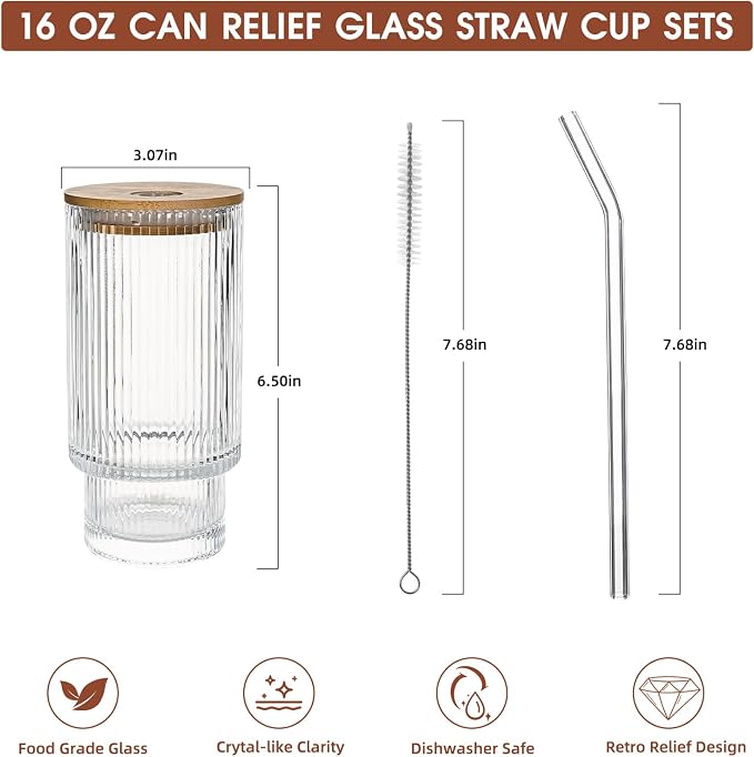 Drinking Glasses with Bamboo Lids and Glass Straw 8pcs Set, 16oz Glass Tumbler - Image 3