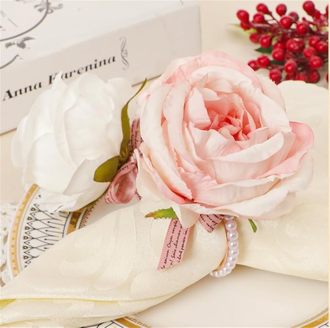 Pearl Napkin Rings Set of 6,Rustic Rose Napkin Rings Flower Dinner Napkin Holder for Table Decoration (21#White)
