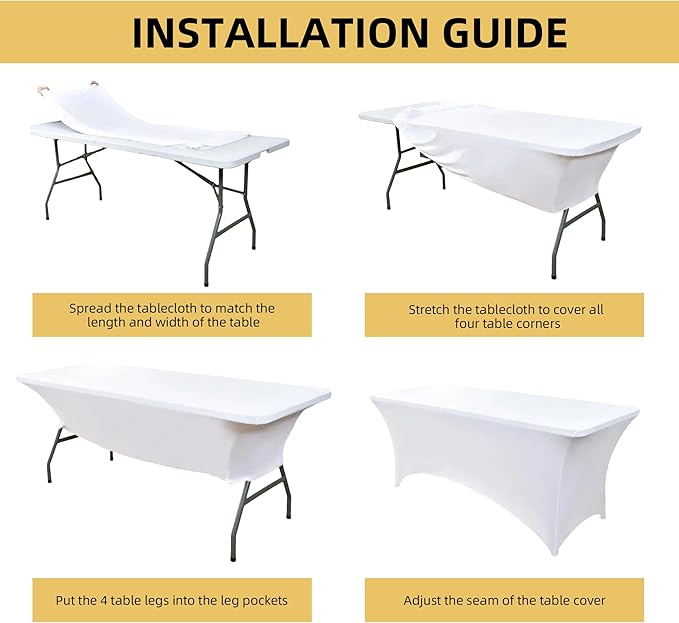 10-Pack 8ft White Spandex Table Covers for Rectangle Folding Tables - Washable Elastic Tablecloth - Ultimate Fitted Table Protector for Parties, Trade Shows, Banquet, and Wedding