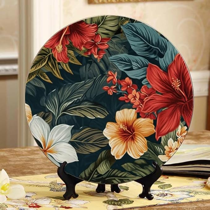 10 Inch Textile Tropical Nature Decorative Ceramic Plates with Display Stand Ideal for Household Wall Hanging and Decor DP-797099166
