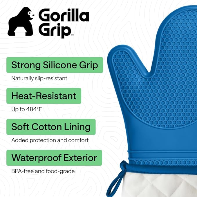 GORILLA GRIP BPA-Free Soft Silicone Oven Mitts, 14.5x8.3, Heat Resistant and Waterproof Cooking Gloves, Thick Cotton Lining, Flexible Gripping for Baking Grilling, Kitchen Potholders Set of 2, Aqua