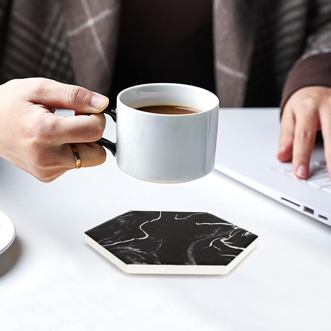 Cool Black Marble Coaster Set with Holder Hexagon Absorbent Coasters Modern Ceramic Coster 6 Pack Best Stone Drink Coaster Beverage Coffee Table Decor Funny Bar Desk Cup Coasters