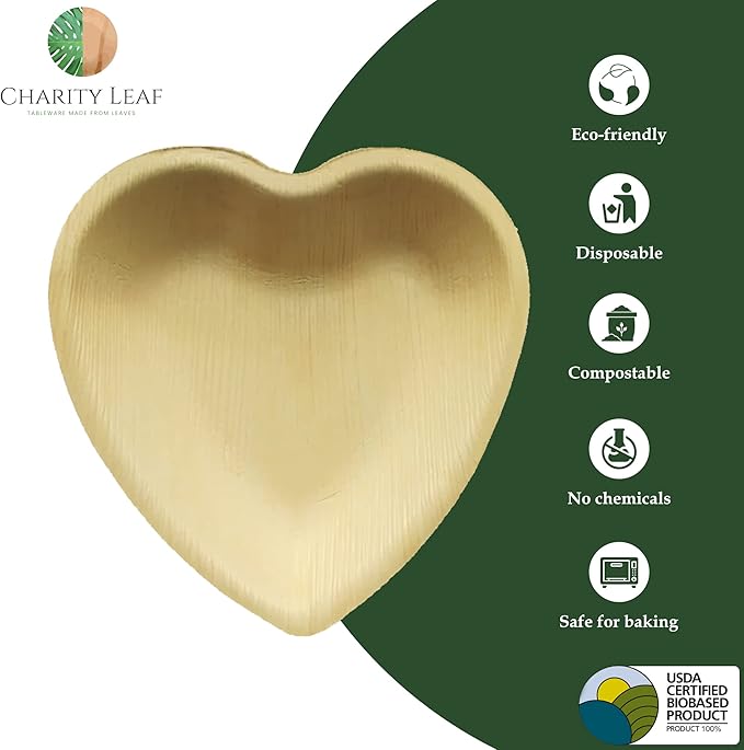 Charity Leaf Disposable Palm Leaf 6" Heart Plates (50 pieces) Bamboo Like Serving Platters, Disposable Boards, Eco-Friendly Dinnerware For Weddings, Catering, Events
