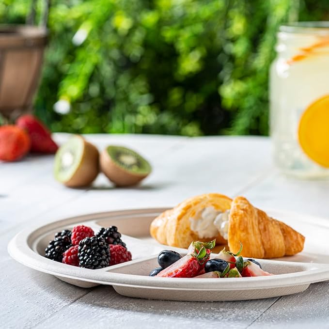 GUSTO [10 Inch - 125 Count Heavy-Duty 100% Compostable, 3 Compartment Eco-Friendly, Kraft Disposable Sugarcane Paper Plates - Brown Unbleached (Formerly Comfy Package)