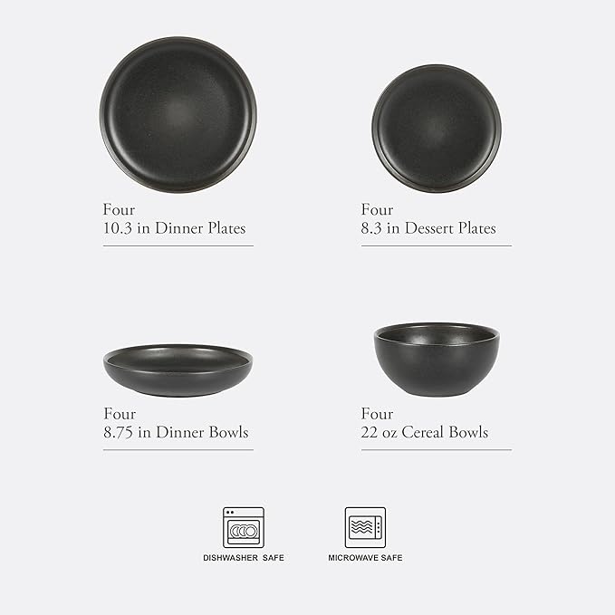Gibson Elite Beckett Stoneware Matte Reactive Glaze 16 Piece (Service for 4) Plates and Bowls Dinnerware Set - Black