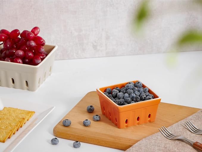 ONEMORE Ceramic Berry Basket, Rustic Stoneware Berry Bowls Colander, Square - Image 2