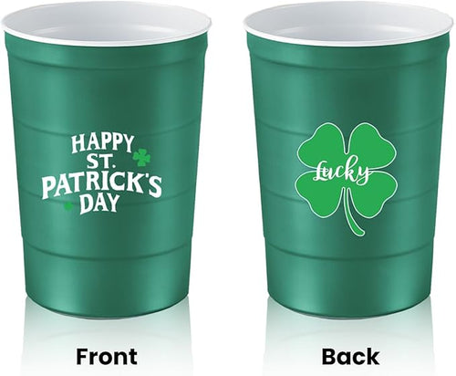 16 oz. Party Cups 'St. Patrick's Day' Clover Design for Cold Drinks, Durable, Disposable, Recyclable, Made in USA, Green, 12 Count