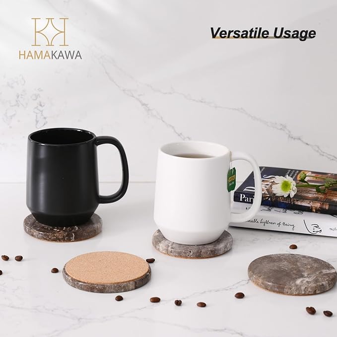 Natural Travertine Marble Coasters Set of 4, Round Gray Stone 4 Inch, Modern Drink Coasters for Home Decor, Coffee Table, Office