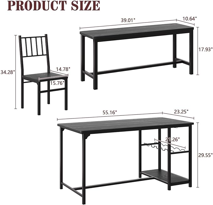 4 EVER WINNER Dining Table Set for 4, 55" Small Kitchen Table with Wine Rack & Wine Glasses Holder, Dining Room Table Set with 2 Chairs and Bench for Small Space, Black
