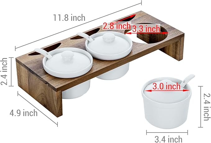 MyGift 10 Piece Condiment Pot Serving Set Includes Premium Acacia Solid Wood Raised Display Server Tray and 3 Ceramic Ramekin Dip Bowls with Lids and Spoons