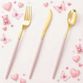 I00000 60 Pack Pink Plastic Silverware,Gold Disposable Flatware with Pink Handle, Gold Plastic Cutlery Set Includes: 20 Forks, 20 Knives and 20 Spoons, Tableware Set for Party and Wedding
