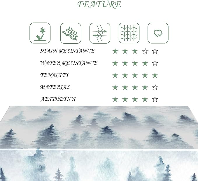 52x70 Inch Nordic Winter Nature Rectangle Tablecloth Misty Foggy Pine Trees Forest Table Cloth Waterproof Stain Resistant Table Cover for Kitchen Dining Picnic BBQ Home Holiday Party