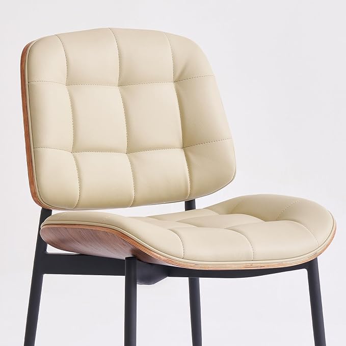 Mid Century Modern Dining Chairs with Walnut Grain Back, Beige Faux Leather Dining Room Chairs Set of 4, Checkered Soft Cushion Kitchen Chairs with Adjustable Foot Pads