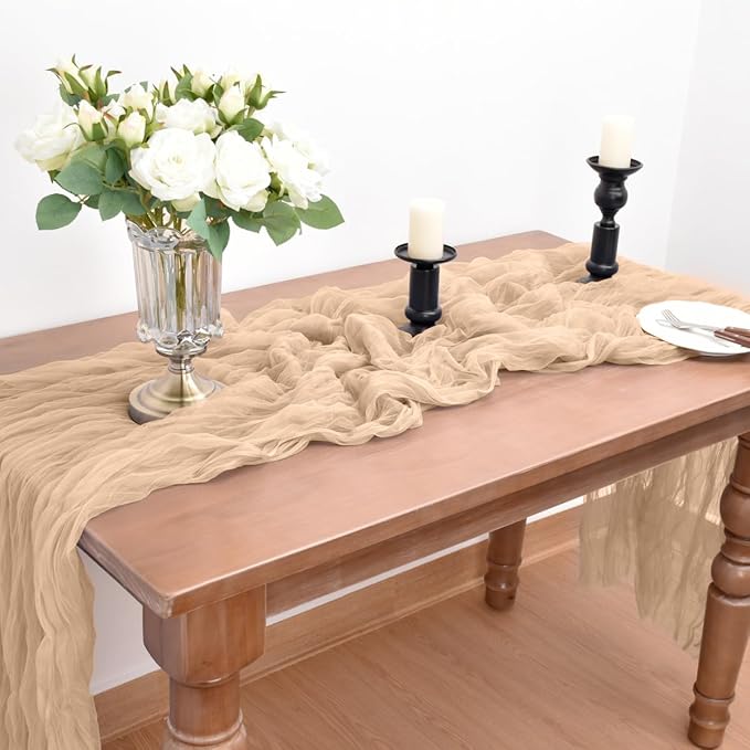 Joanlody Champagne Cheesecloth Table Runner Spring Easter 10Ft Rustic Gauze Boho Cheese Cloth Table Runner for Wedding Bridal Baby Shower Decoration 4 Pack