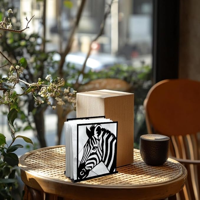 Zebra Decorative Black Metal Napkin Holder for Table, 5.3" x 4.9" x 1.9" Zebra Wild Animal Standing Napkin Holder for Home Kitchen Restaurant Picnic Party Coffee Bar Dining Room