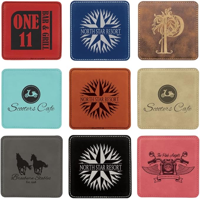 Custom Engraved Coasters | Personalized Leather Coaster | Set of 6 | Drink Coasters with Holder | Laser Engraved | Tabletop Protection | Gift for Couples (Square 4" x 4", Black w/Silver)