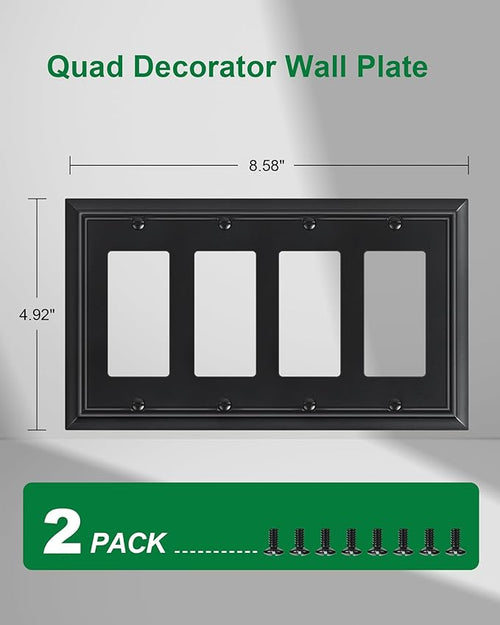 2-Pack Quad Decorator Wall Switch Cover, Black Decorative Switch Plates and Outlet Covers, Natural Bamboo Fiber 4 Gang Wall Plate for Electrical Outlets, Receptacle, GFCI Outlet, Dimmer Switch