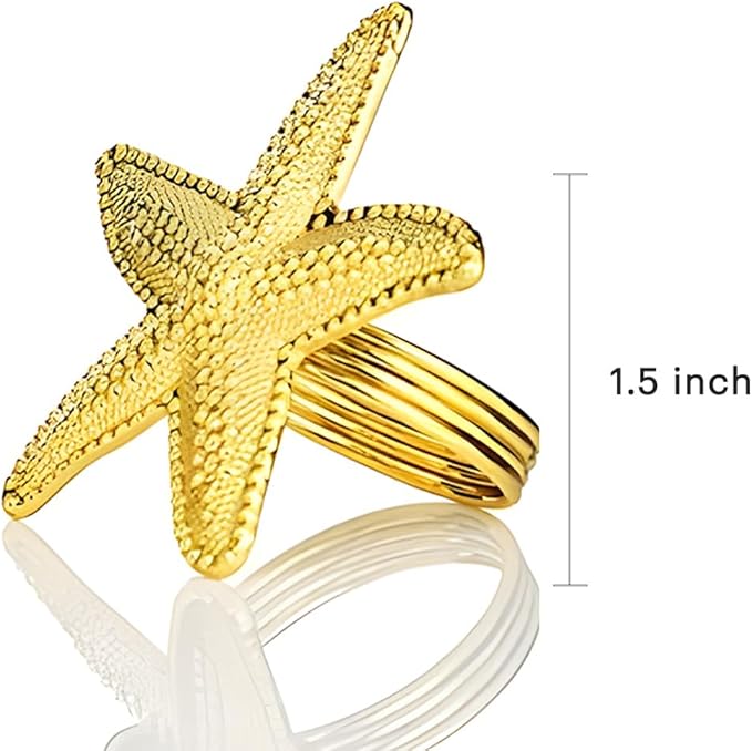 Decozen Set of 4 Gold Napkin Rings in Star Fish Design, Festive, Table Decor Setting for Holiday, Wedding, Birthday, Kitchen, Home Decor, Housewarming Gift - Mothers Day Decorations