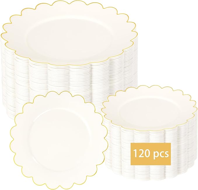 LIYH 120 Pcs Ivory Scalloped Plastic Plates Disposable - Ivory and Gold Plastic Plates - Gold Fancy Disposable Party Dinner & Dessert Plate for Wedding Birthday Valentines Day