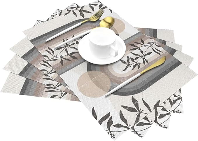Boho Leaf Mid Century Placematss, Bohemian Plant Mid Century Palm Tropical Abstract Modern Washable Place Mats 12x18Inch for Dining Kitchen Farmhouse Decor 6 PCS
