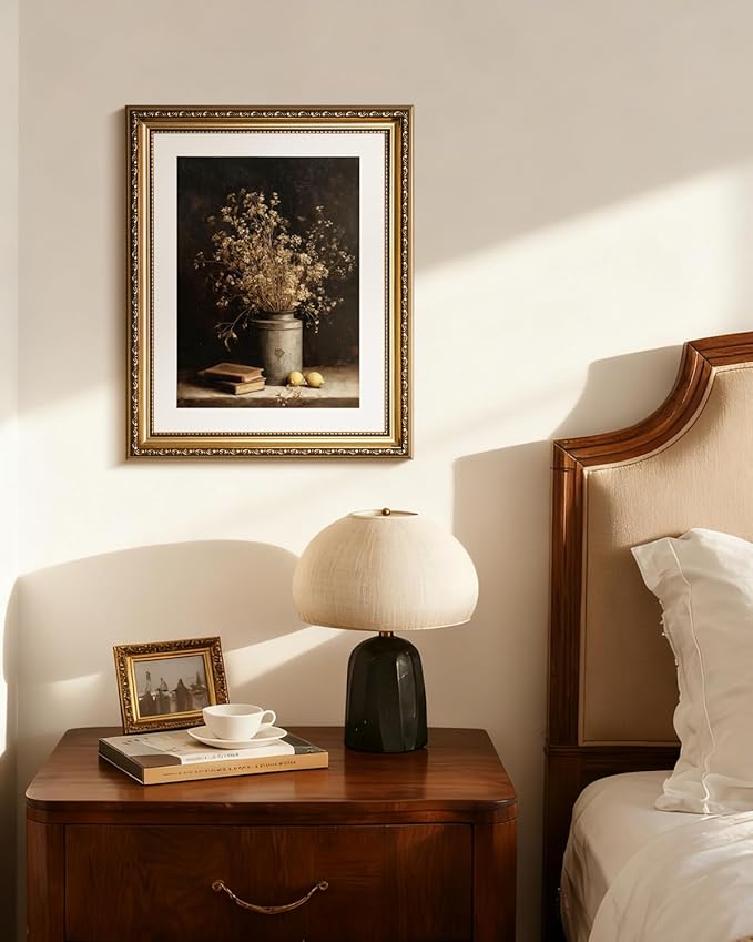 InSimSea Gold Picture Framed Wall Art, Living Room Vintage Dried Flowers Vase Wall Decor, Dark Moody Still Life Canvas Print Art, Home Farmhouse Decor, Antique Paintings with Frame 13x16inch