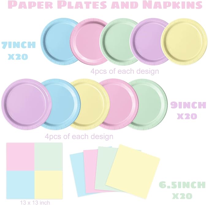 Oigco 60 PCS Pastel Paper Plates and Napkins, Pastel Party Decorations - Image 2