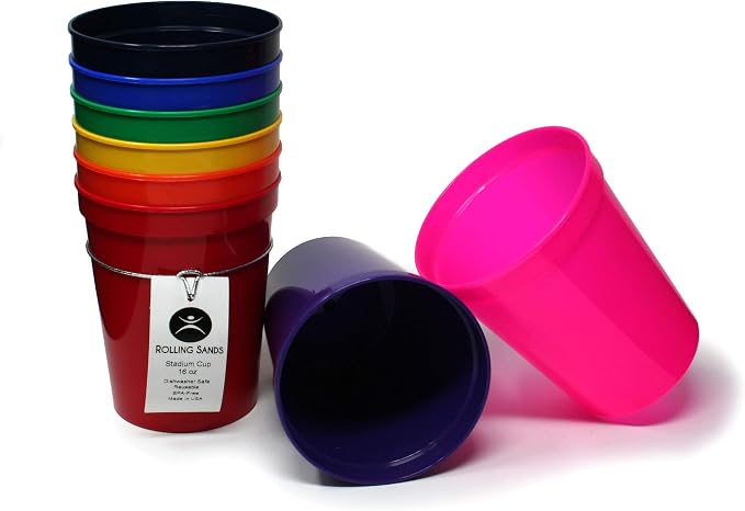 Rolling Sands 16 oz. Reusable Plastic Stadium Cups, 8 Pack, Made in USA by RollingSands