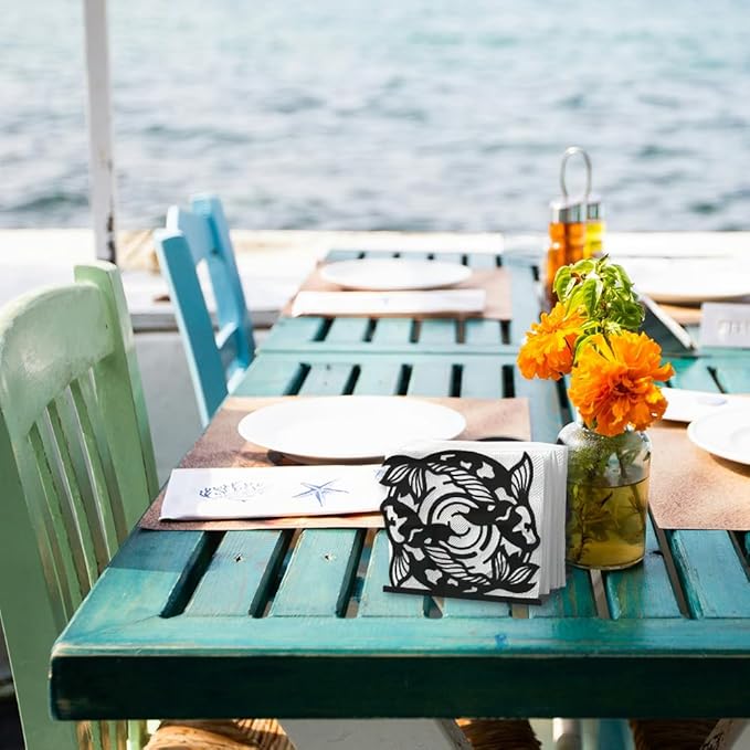 Koi Fish Decorative Black Metal Napkin Holder for Table, 5.3" x 4.9" x 1.9" Fish Animal Standing Napkin Holder for Home Kitchen Restaurant Picnic Party Coffee Bar Dining Room