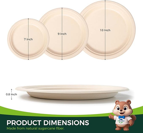 100% Compostable Plates - Disposable, Heavy Duty, Biodegradable, Eco-Friendly (Natural, 9 inch, 125-Count)