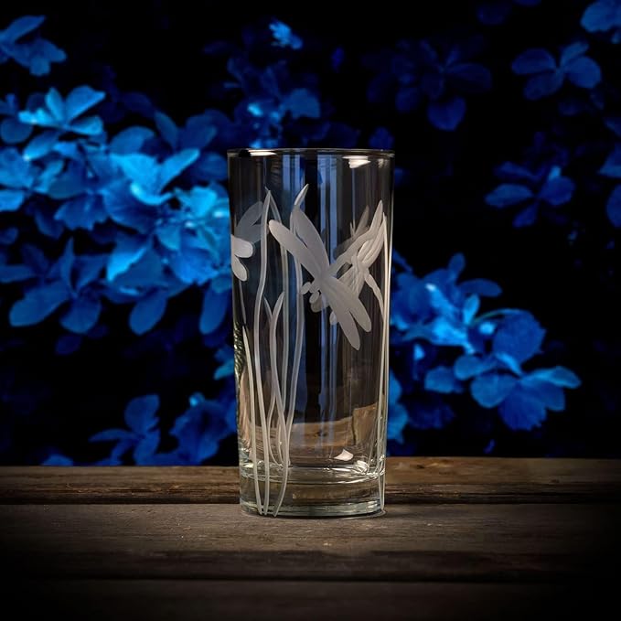 Rolf Glass Dragonfly Highball Glass 15 ounce - Set of 2 Cooler Glasses – Lead-Free Glass - Etched Drinking Glass with Heavy Base - Made in the USA