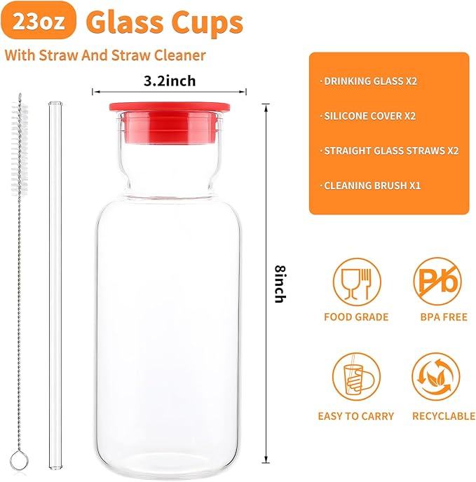 Glass Cup with Silicone Lid and Straw, 23 Oz Drinking Glasses Water Bottle Vintage Glassware for Iced Coffee, Juice, Cocktails, Whisky Tumbler for Gift 1 Pack