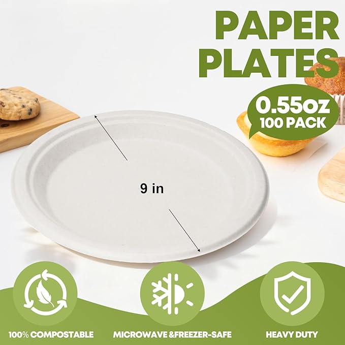 W&Y 100 Pack 9 Inch Paper Plates, Heavy-Duty Dinner Plates, Cut Resistant & 100% Compostable Disposable Paper Plate,Leak Proof & Microwave Safe for Parties, Weddings, Catering Events