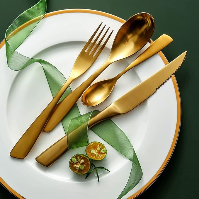 24 Piece Gold Silverware Set for 6,Modern Unique 18/10 Stainless Steel Flatware Cutlery Set, Eating Tableware Set,Vintage Luxury Style Cutlery Set for Home Restaurant Wedding Party