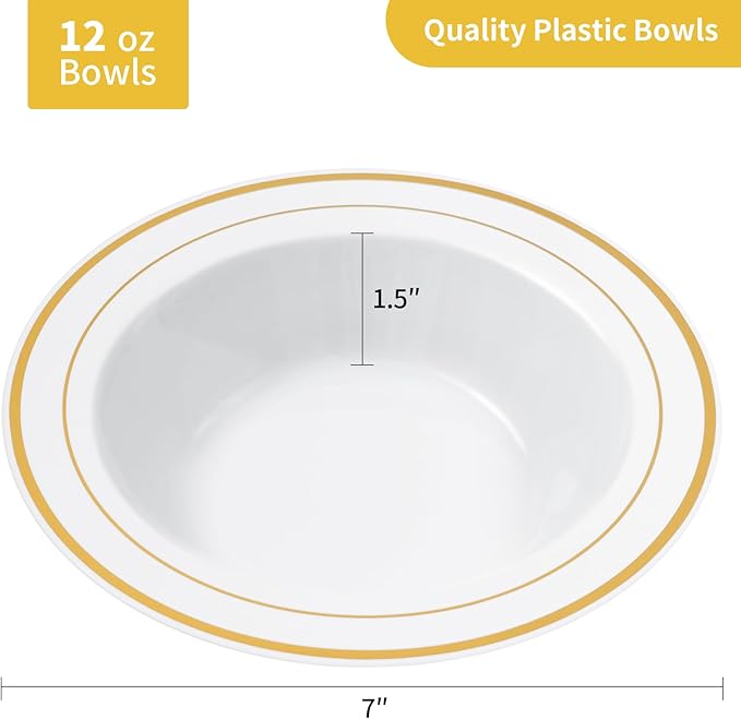 Goodluck 25 Pack Plastic Bowls with Gold Rim, 12oz Disposable Soup Bowls, Heavy Duty Dessert Bowls for Weddings, Parties, Dinners, Catering, Thanksgiving and Everyday Use