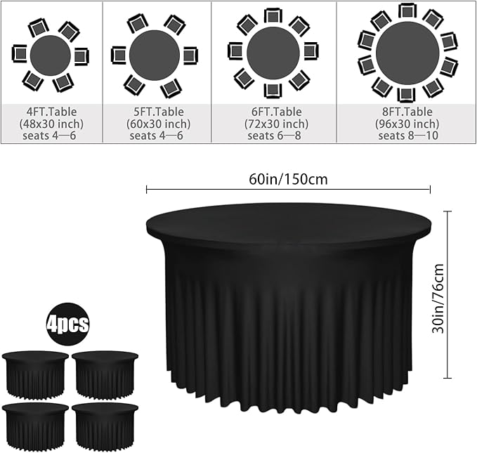4 Pack Black Round Table Skirt, 60 Inch Diameter x 30 Inch Height, Stretch Polyester Spandex Tablecloth for 5ft Round Tables, Stain & Wrinkle Resistant for Wedding, Banquet Decor