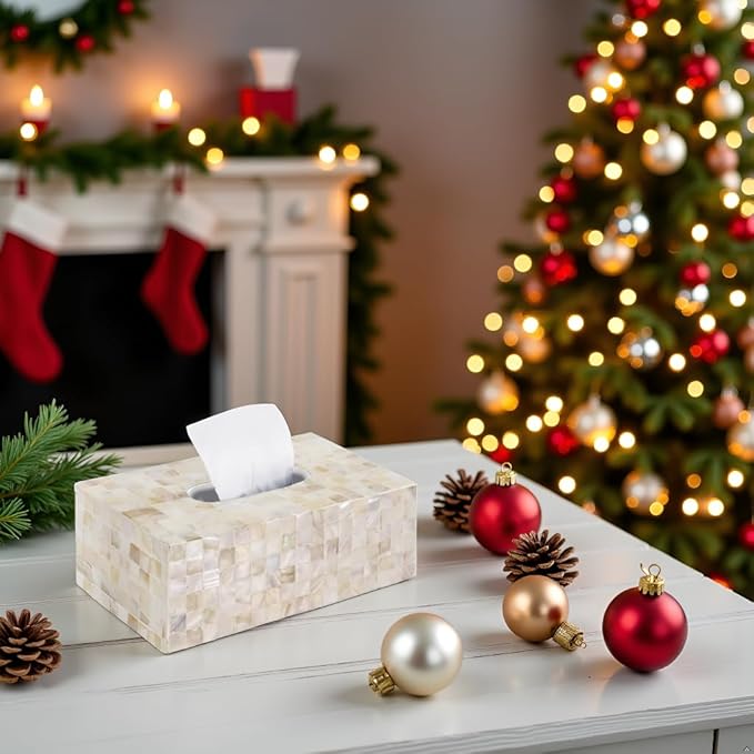 PEMAR Handmade Mother of Pearl Tissue Box – Elegant Rectangular Capiz Shell Cover, Decorative Napkin Holder for Living Room, Bathroom, or Office Décor (Max Inner Size 9.2"x5"x3.5", White Cream)