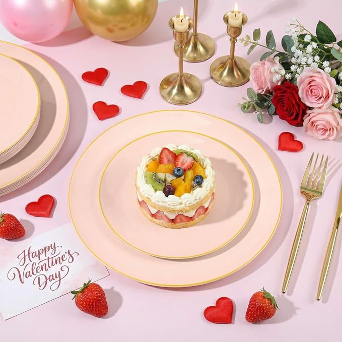 I00000 150 PCS Pink Plastic Plates for Party,Heavy Duty Pink Disposable Plates,Gold Dinnerware Set Include 30 Dinner Plates,30 Dessert Plates,30 Gold Plastic Silverware Set for Valentine's Day